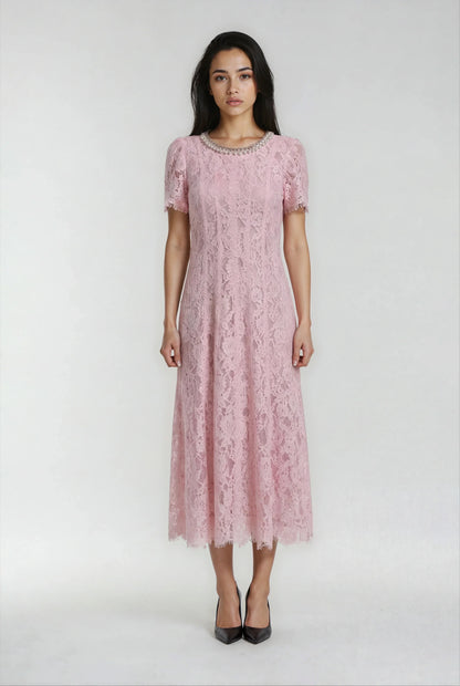 Pembe Kirpik Dantelli Payet Elbise