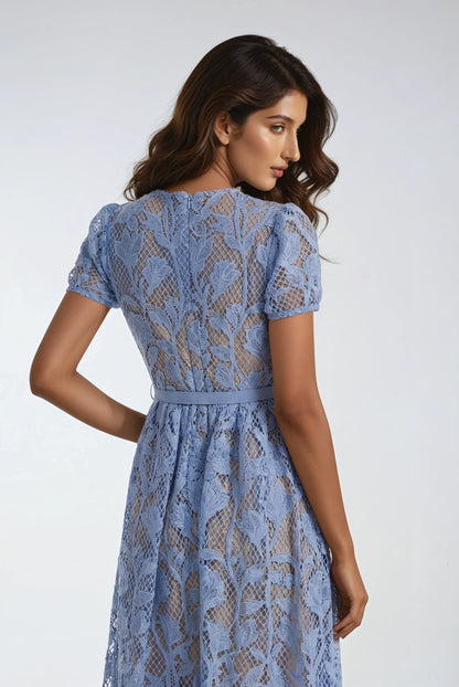 Dantel Süslemeli Mavi Uzun Elbise
