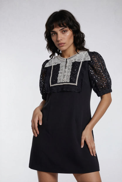 Ağır Dantel Örgü Siyah Mini Elbise