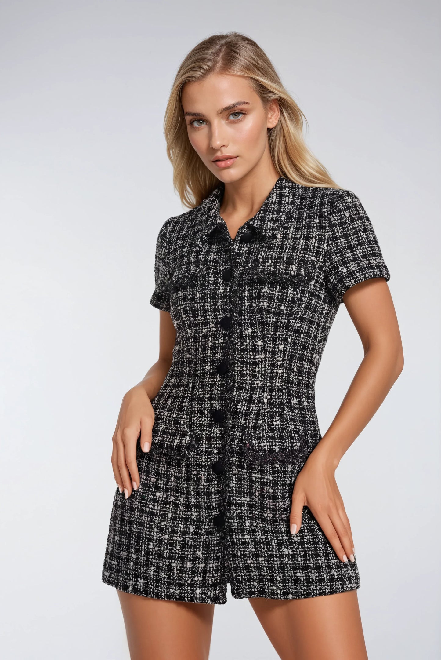 Gizli Düğmeli Tüvit Mini Elbise