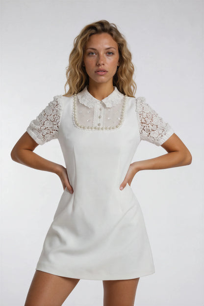 Dantel İşlemeli Krem Rengi Mini Elbise