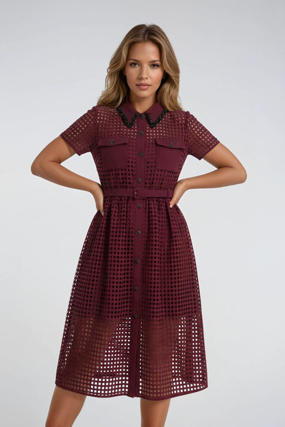 Şarap Kırmızısı Dantel Elbise