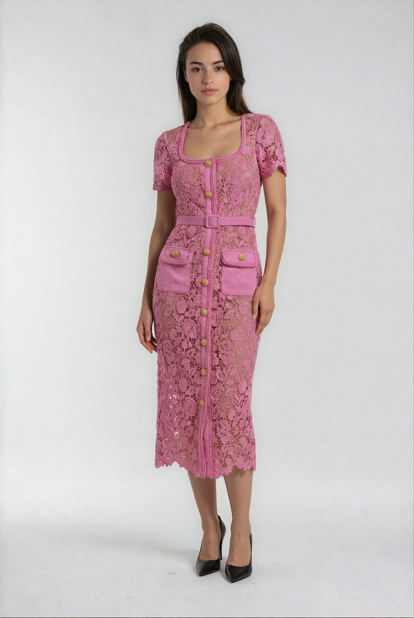 Pembe Dantel Uzun Elbise