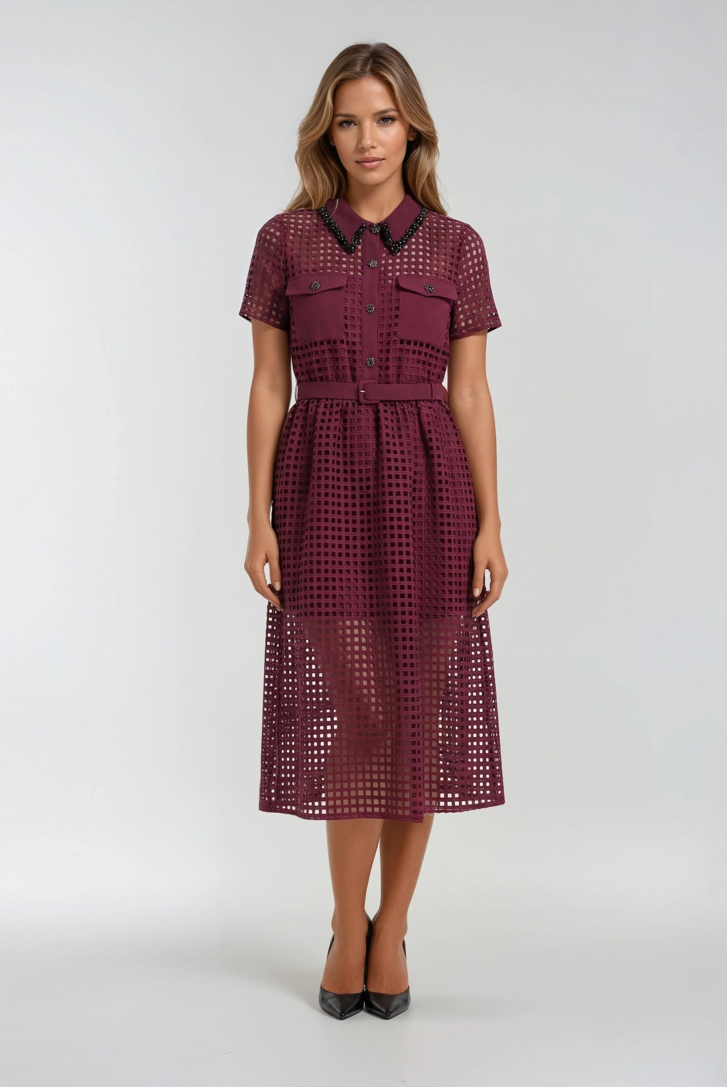 Şarap Kırmızısı Dantel Elbise