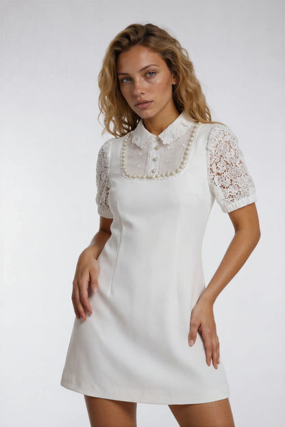 Dantel İşlemeli Krem Rengi Mini Elbise