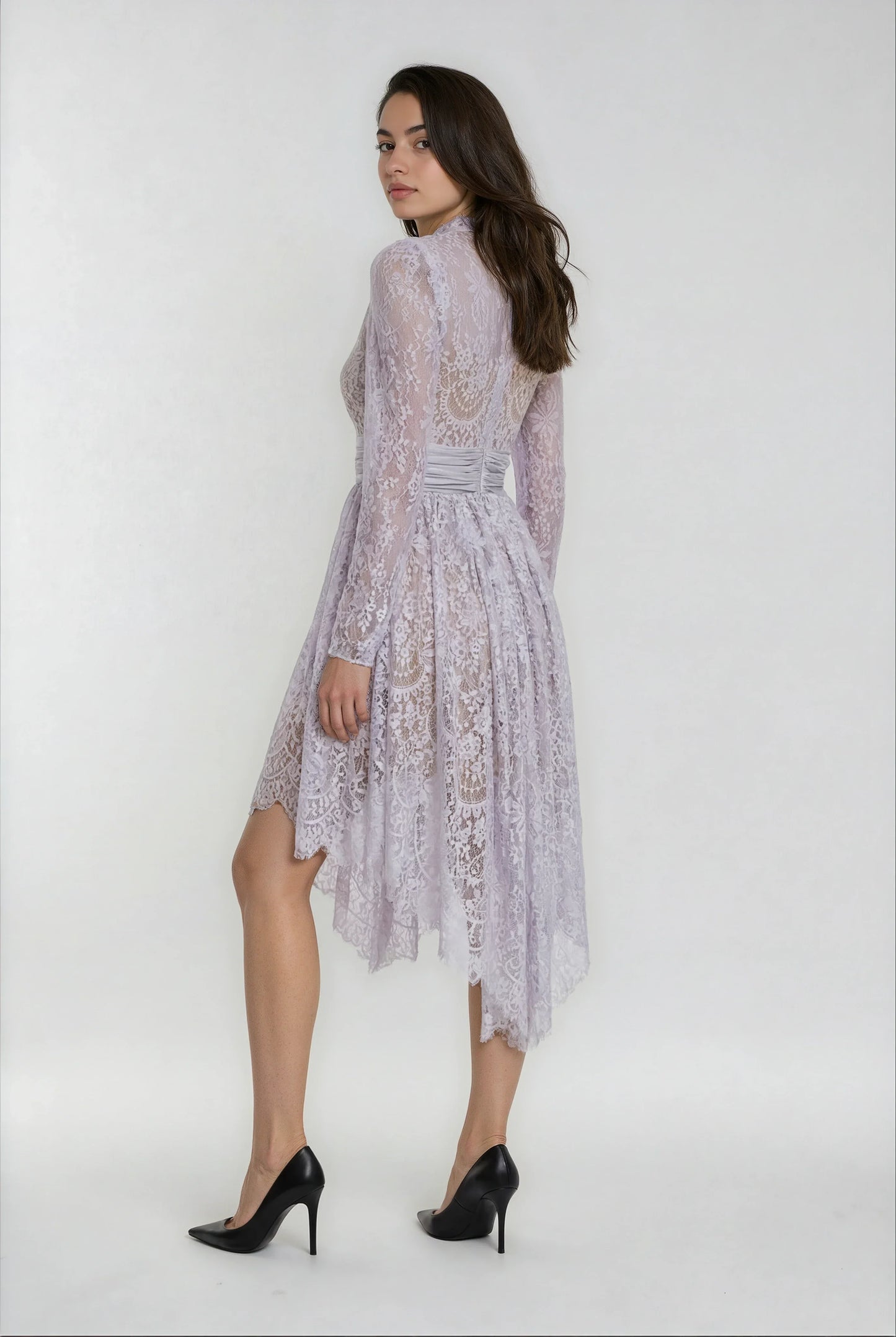 Asimetrik Mor Dantel Elbise