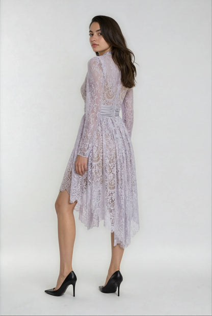 Asimetrik Mor Dantel Elbise