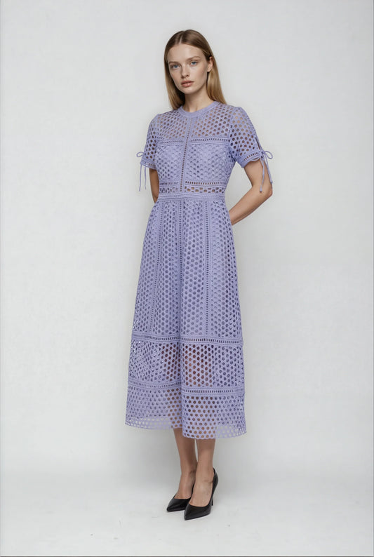 Ağır Dantel Süslemeli Mavi Mor Elbise