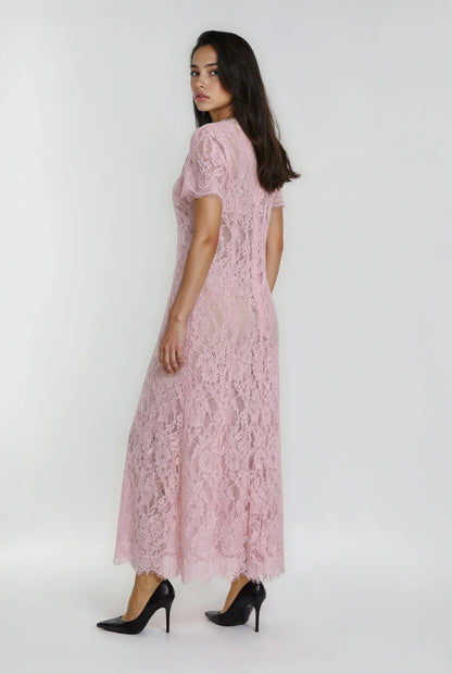 Pembe Kirpik Dantelli Payet Elbise