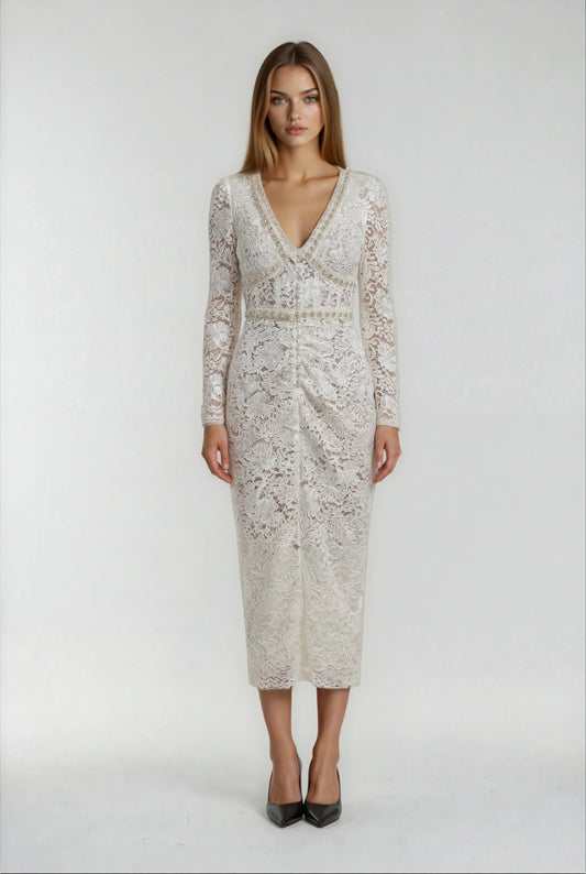 Bej & Siyah Dantelli Elbise