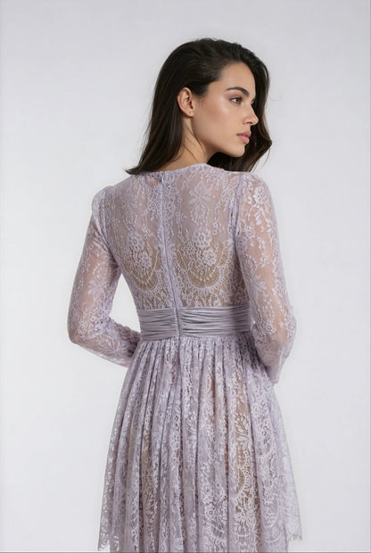 Asimetrik Mor Dantel Elbise