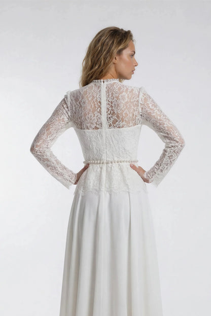 Uzun Kollu Beyaz Dantel Elbise