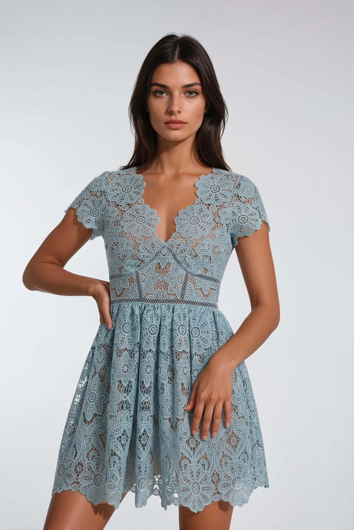 Özel Dantel İşlemeli Beyaz Mavi Mini Elbise