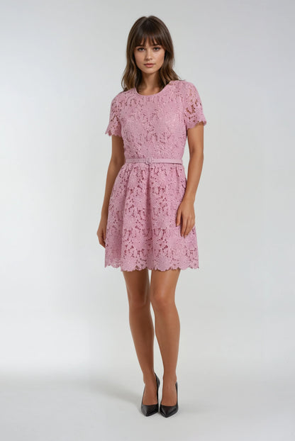 Dantel Süslemeli Pembe Mini Elbise