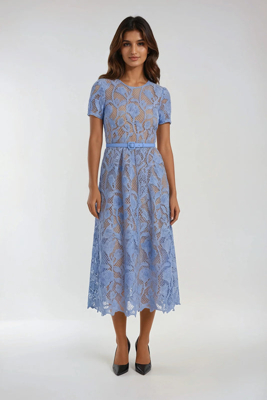 Dantel Süslemeli Mavi Uzun Elbise