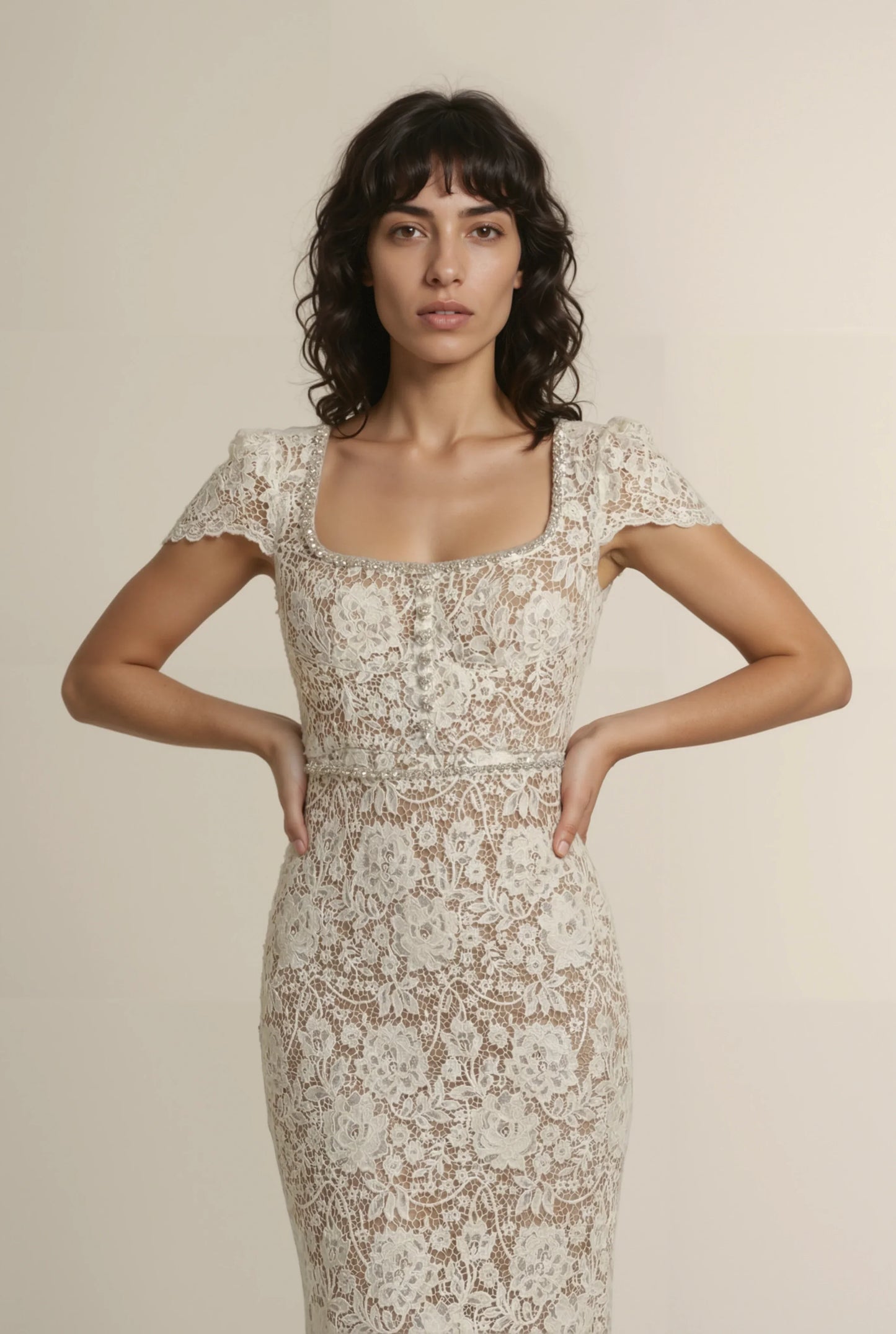 Bej/Yeşil Dantel Elbise