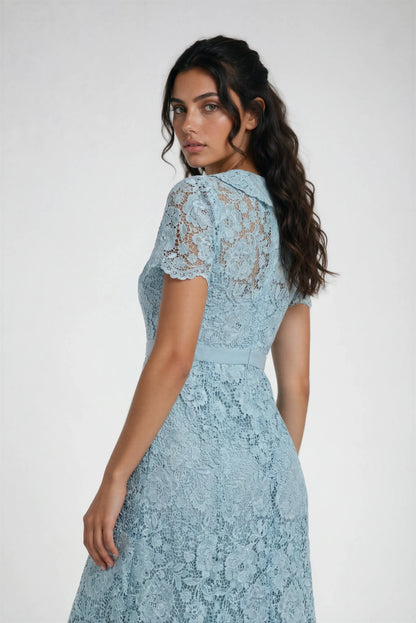 Özel Dantel Detaylı Açık Mavi Elbise