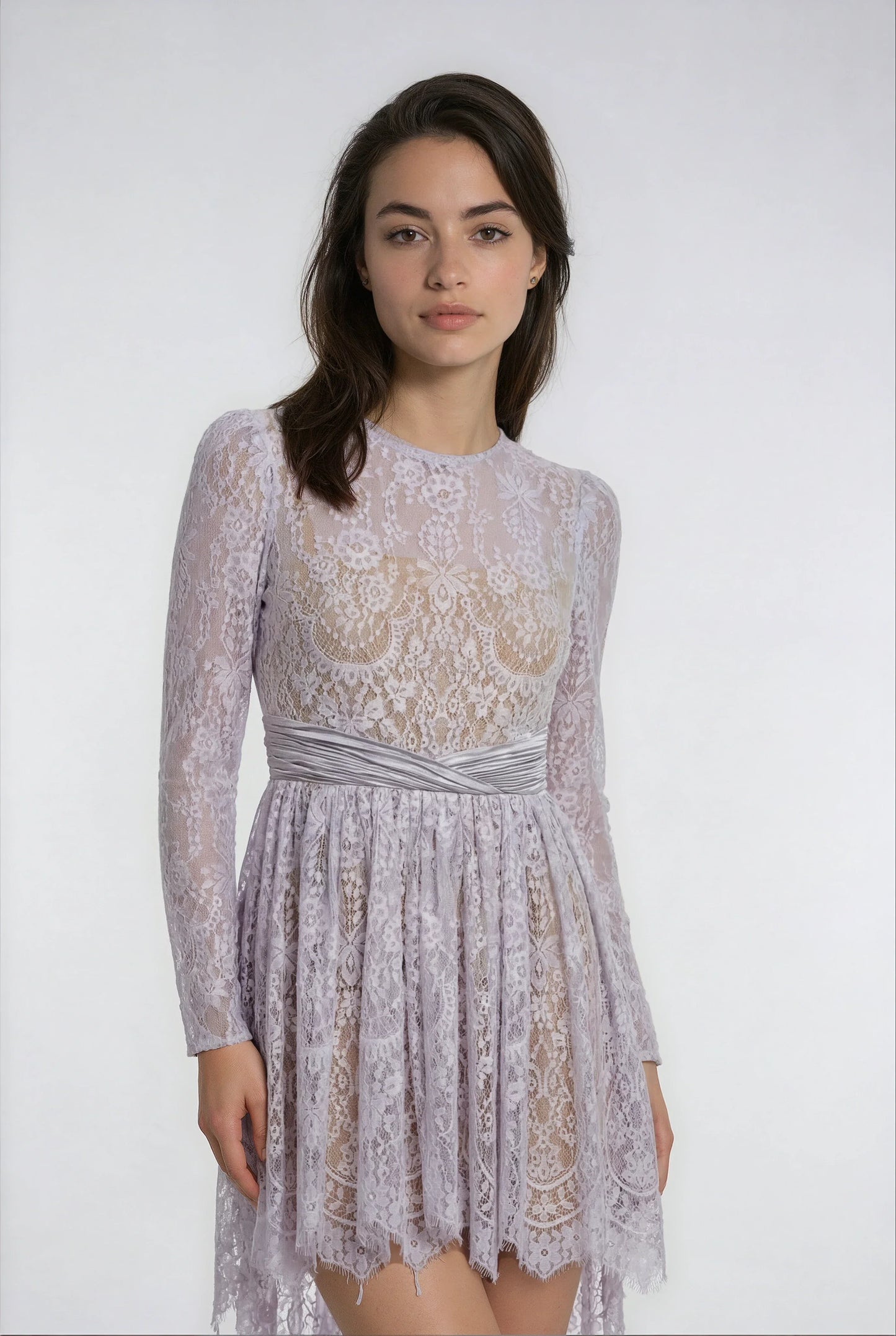 Asimetrik Mor Dantel Elbise