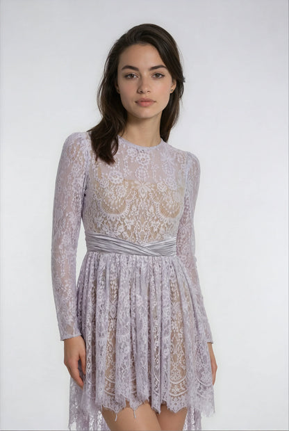 Asimetrik Mor Dantel Elbise