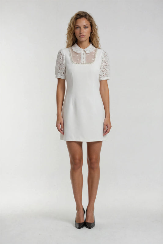 Dantel İşlemeli Krem Rengi Mini Elbise