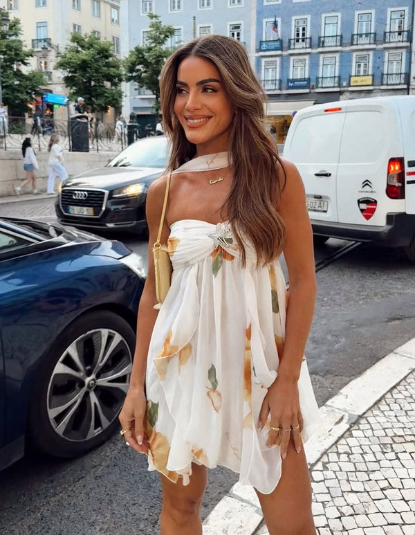 Isabel | Halter Yaka Fırfırlı Baskılı Mini Elbise