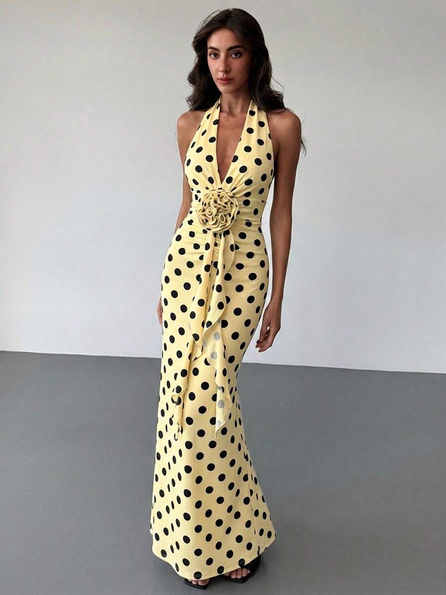 Dalia | Gül Detaylı Puantiyeli Maxi Elbise