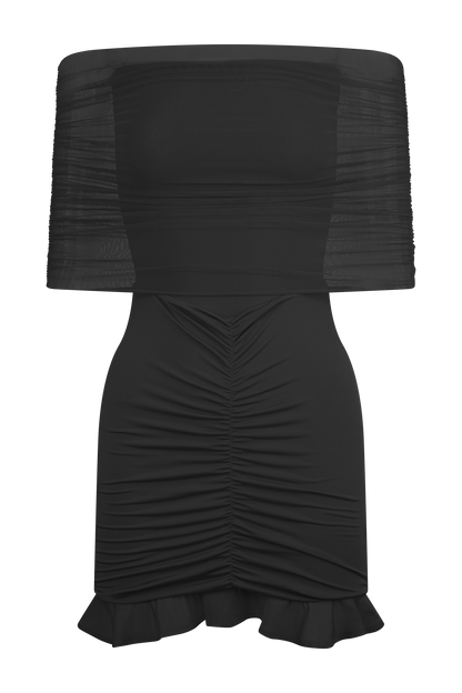 Caspian Slinky Ve Fileli Omuz Açık Mini Elbise - Siyah
