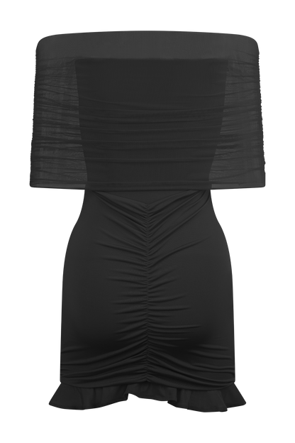 Caspian Slinky Ve Fileli Omuz Açık Mini Elbise - Siyah