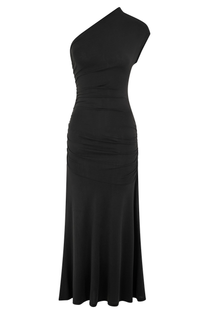 Chloe Peached Jersey Tek Omuz Midi Elbise - Siyah