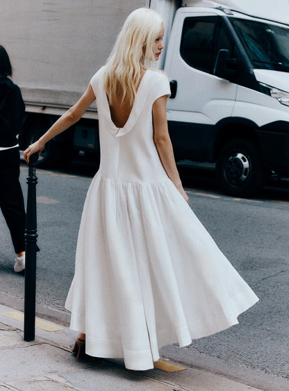 Beyaz Saten Ramie Midi Elbise