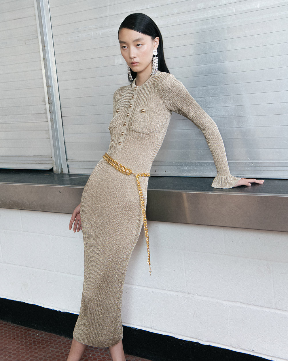 Altın Simli Kaburga Örgü Midi Elbise