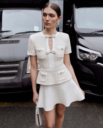 Krem Pullu Örgü Mini Elbise