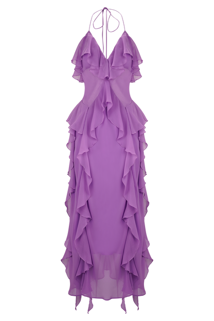 Aleyna Şifon Volanlı Midi Elbise - Mor