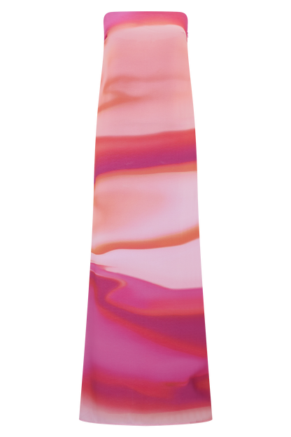 Amaya Straplez Şifon Uzun Elbise - Pembe Gün Batımı Desenli