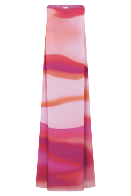 Amaya Straplez Şifon Uzun Elbise - Pembe Gün Batımı Desenli