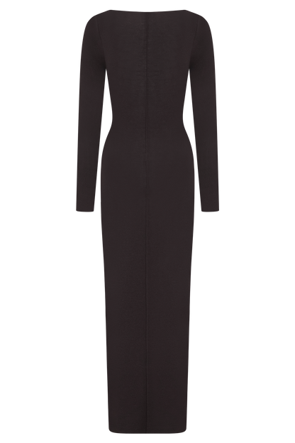 Cleona Merino Yünlü Ribanalı Uzun Kollu Maksi Elbise - Koyu Çikolata