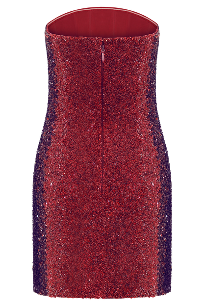 Zander El Yapımı Boncuklu Askısız Mini Elbise - Kırmızı Ombre