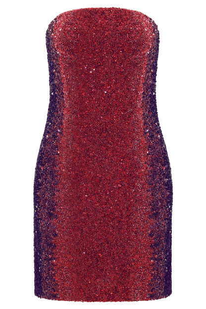 Zander El Yapımı Boncuklu Askısız Mini Elbise - Kırmızı Ombre