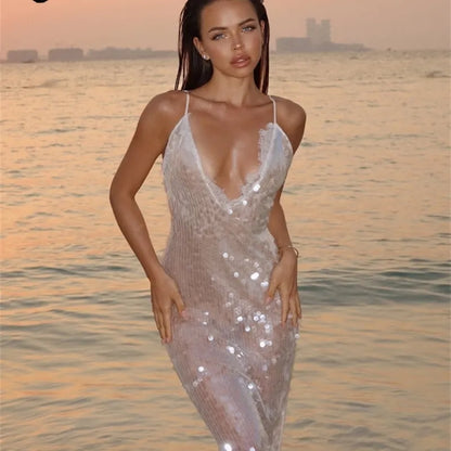 Sirena | Işıltılı Payetli Dantel Detaylı Maxi Elbise