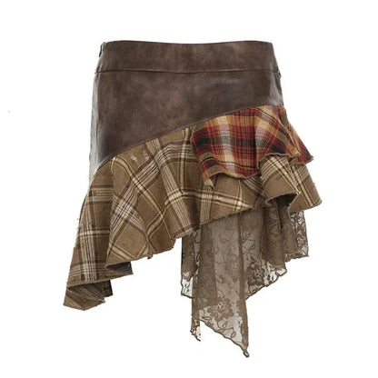 Vanya | Deri Detaylı Ekoseli ve Dantelli Mini Etek