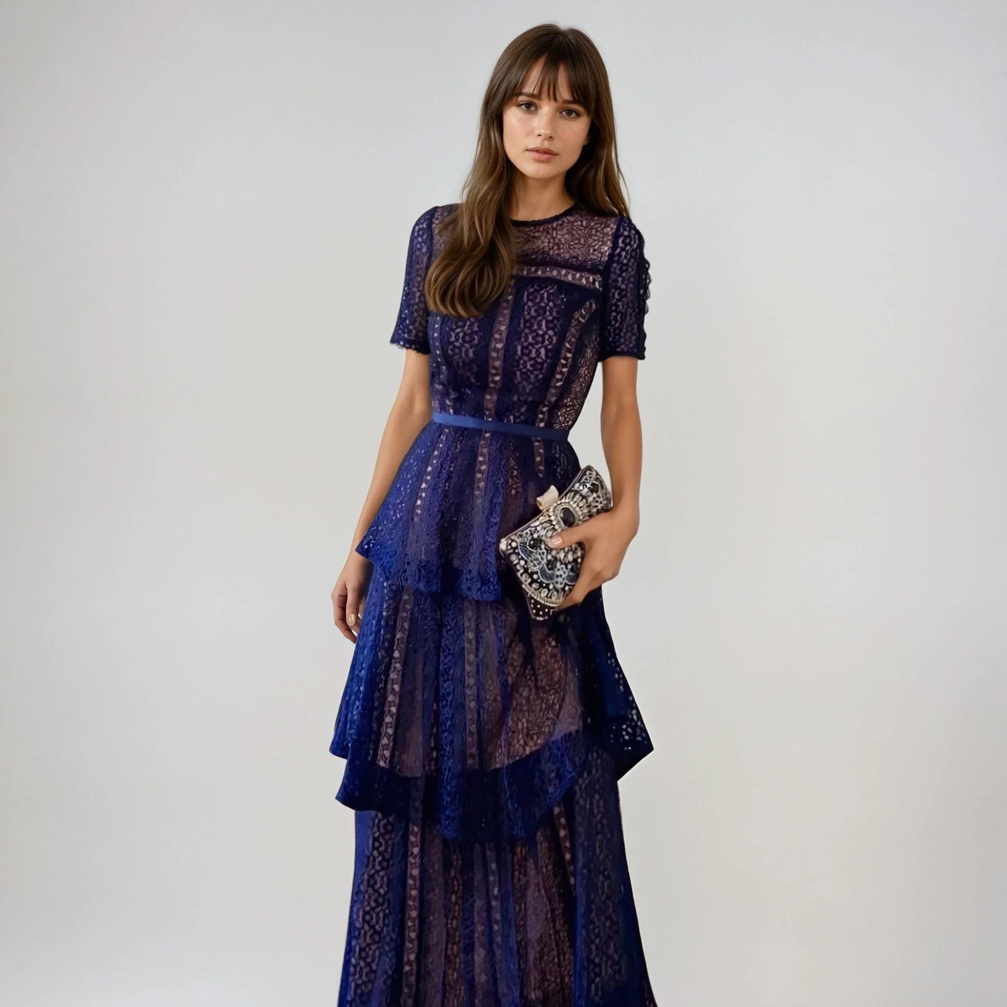 Lacivert Dantel Uzun Elbise