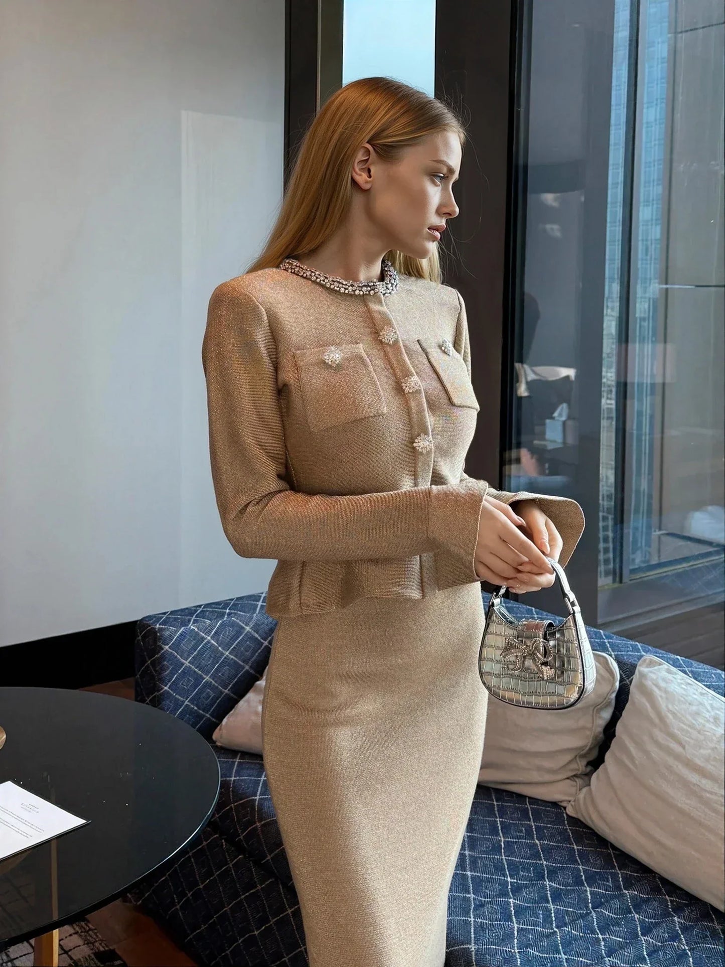 Altın Rengi Örgü Elbise