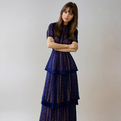 Lacivert Dantel Uzun Elbise