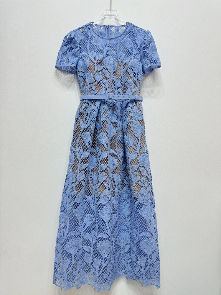Dantel Süslemeli Mavi Uzun Elbise
