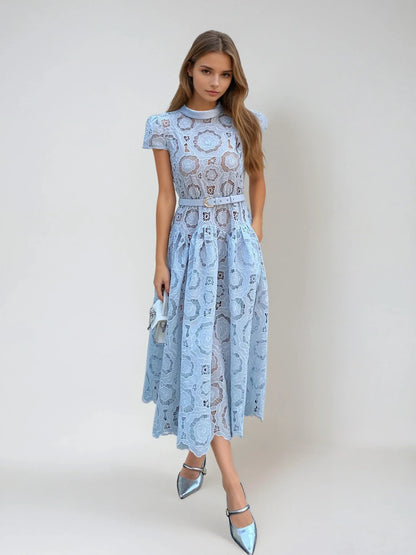 Açık Mavi Lazer Nakışlı Elbise