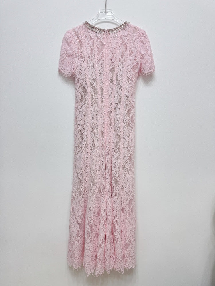 Pembe Kirpik Dantelli Payet Elbise