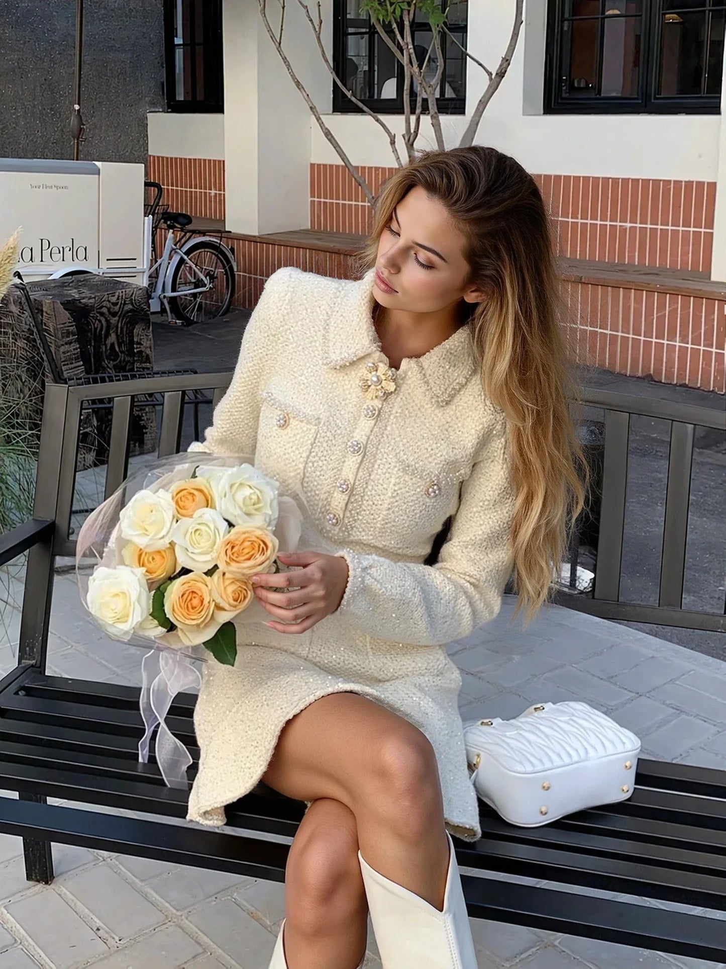 Krem beyazı Yün Örgü Elbise