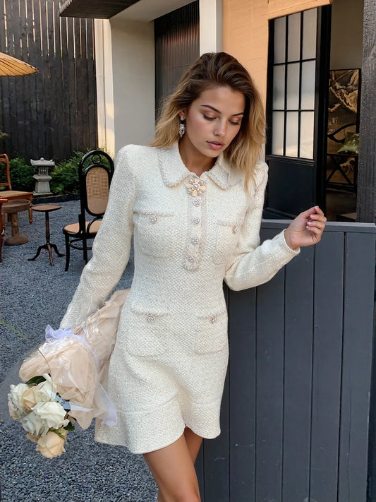 Krem beyazı Yün Örgü Elbise