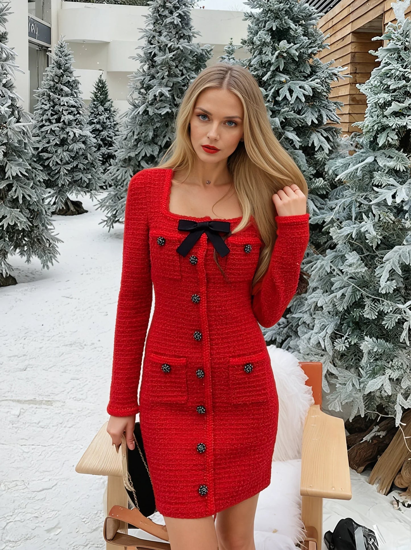 Kırmızı Yün Örme Elbise