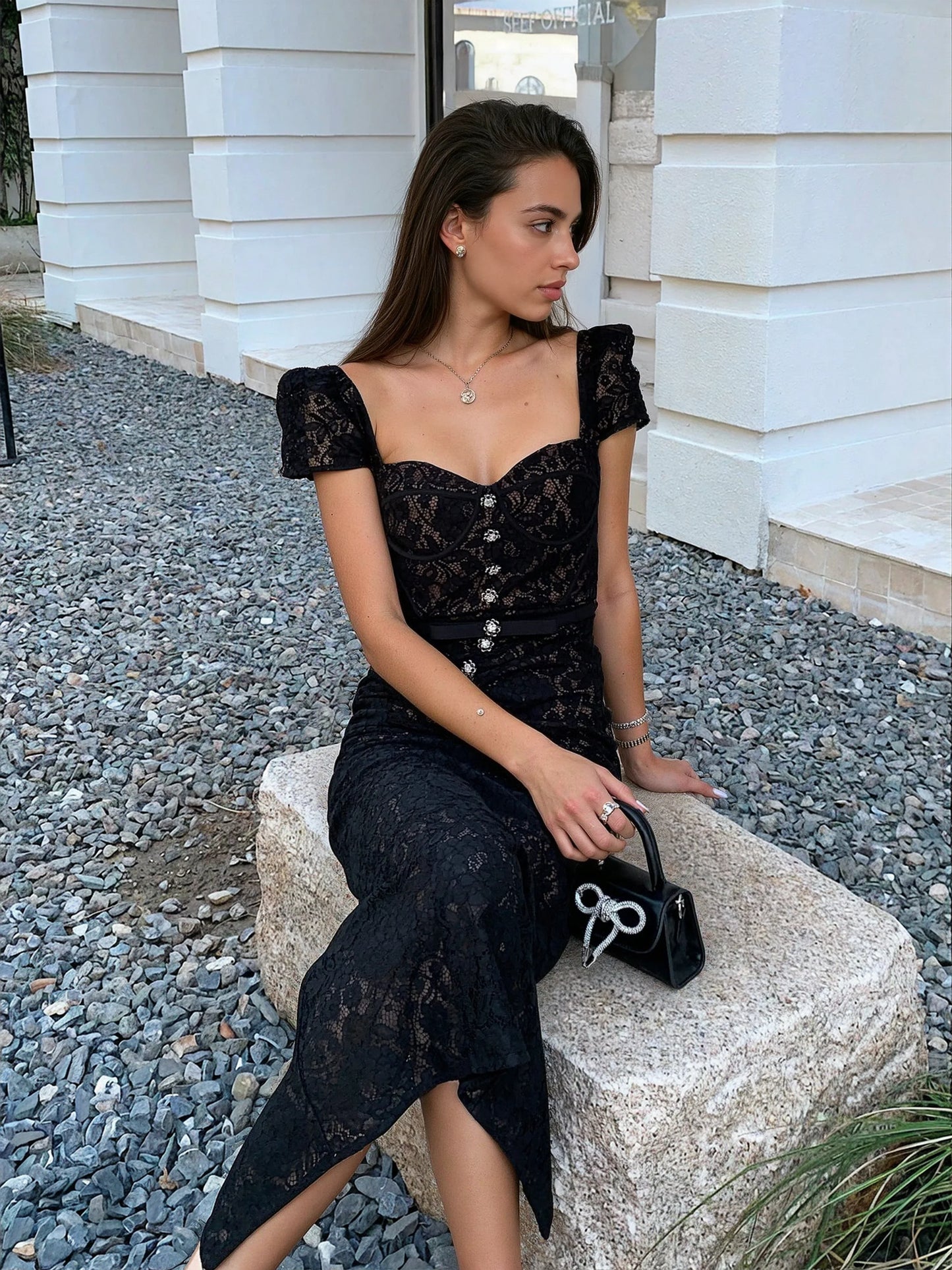 Siyah Balenli Dantel Elbise